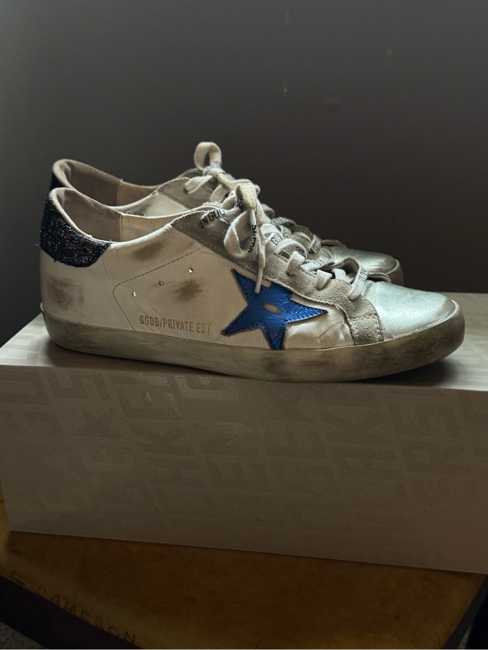 Golden Goose White Sneaker with Blue Star and Black Glitter Heel